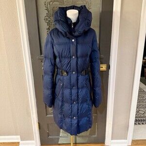 Larry Levine Navy Down Puffer Coat Women’s Small Long Belted Winter Jacket